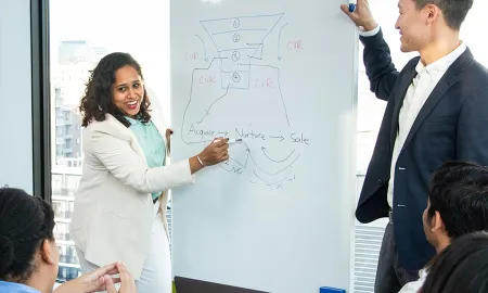 Students at a whiteboard mapping a customer funnel: acquire, nurture, sale