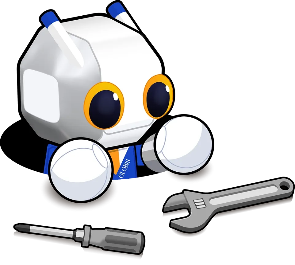 GLOBIS's robot character Glosuke doing maintenance work with a screwdriver and wrench